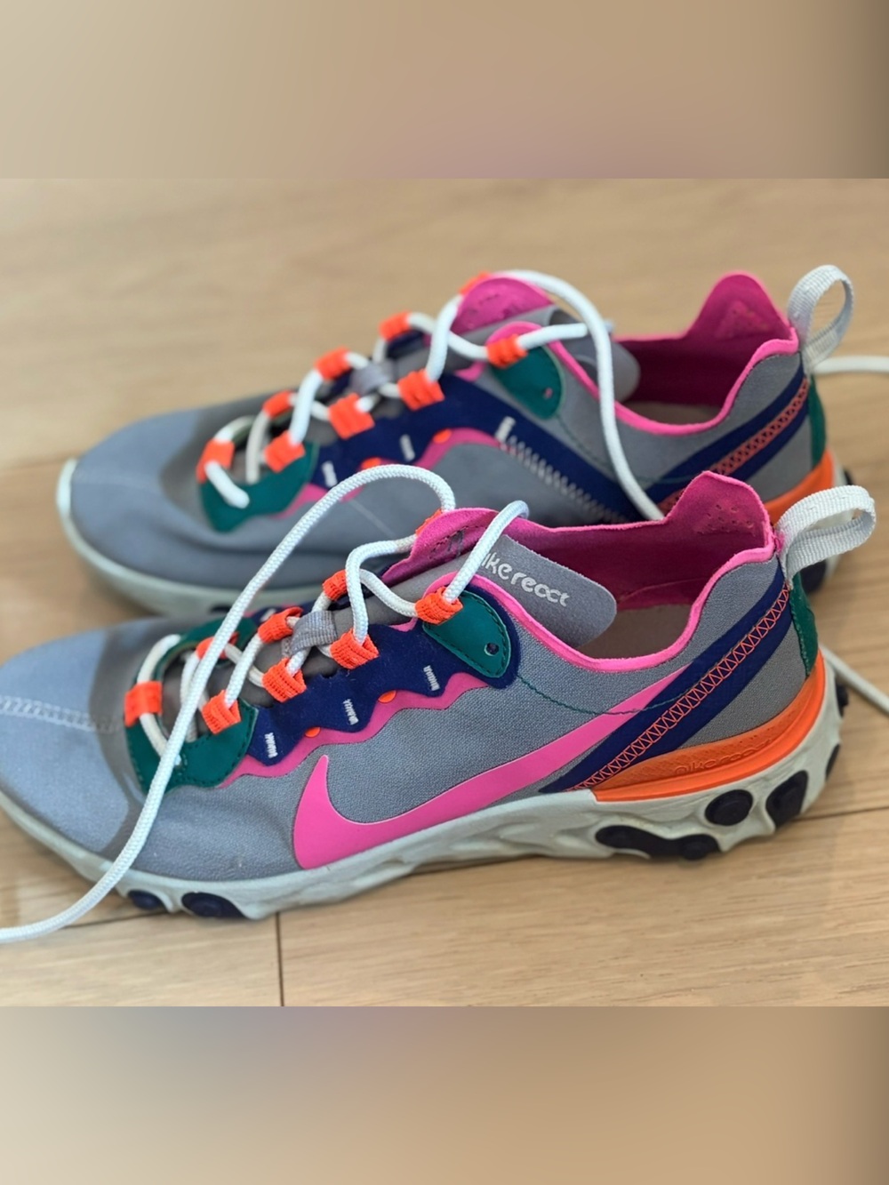 Nike React Element 55 Sneakers in Gray, Pink, Orange and Teal size 7.5